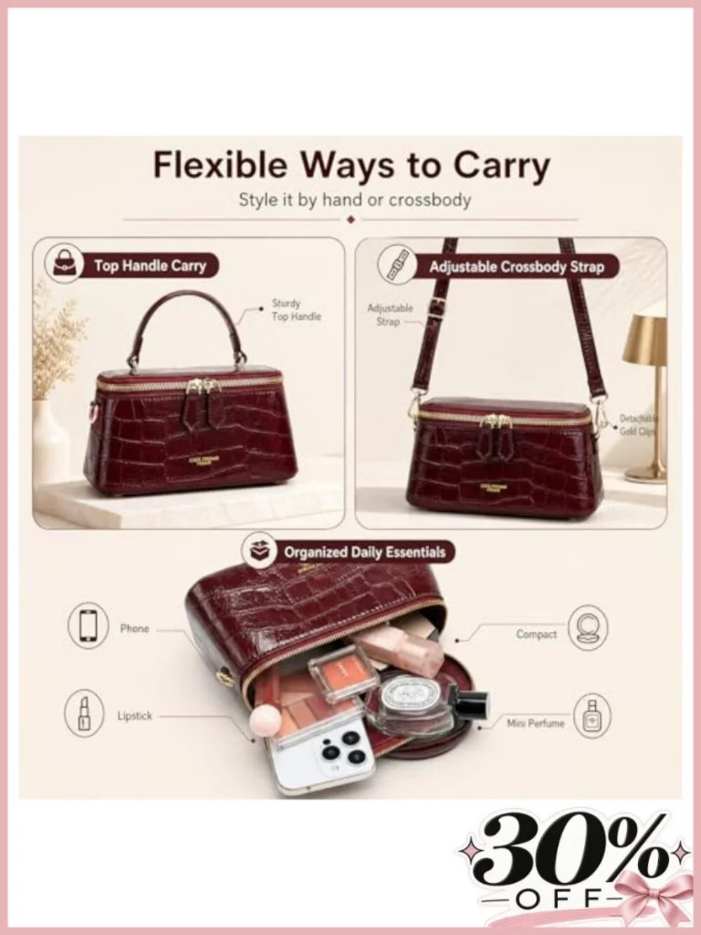 Croc-Embossed Faux Leather Crossbody Bag Adjustable Strap Small Square Satchel